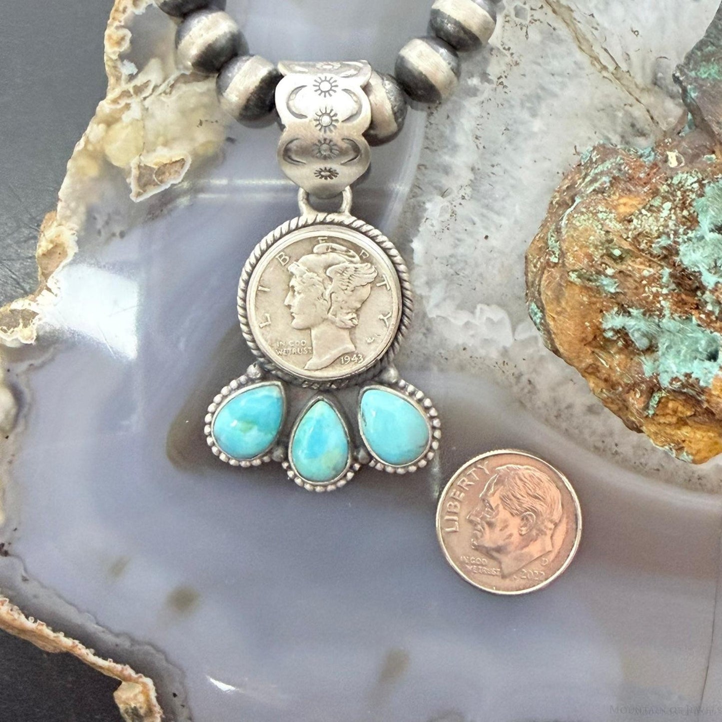 Genuine 1943 90% Silver Mercury Dime Coin w/Teardrop Turquoise Decorated Unisex Pendant