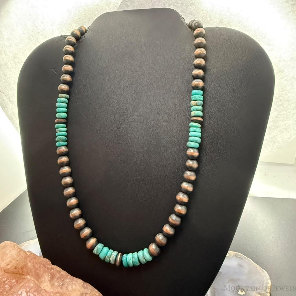 Southwestern Style 8mm Copper Navajo Pearl Saucer, Round & Turquoise Necklace For Women
