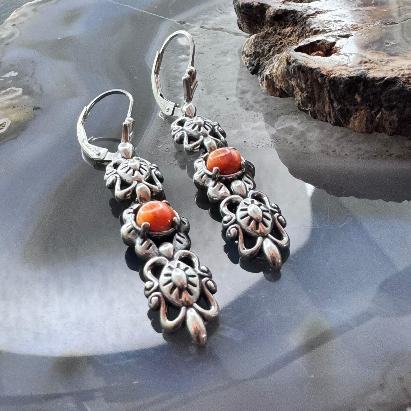 Carolyn Pollack Sterling Silver Orange Spiny Oyster Dangle Earrings For Women