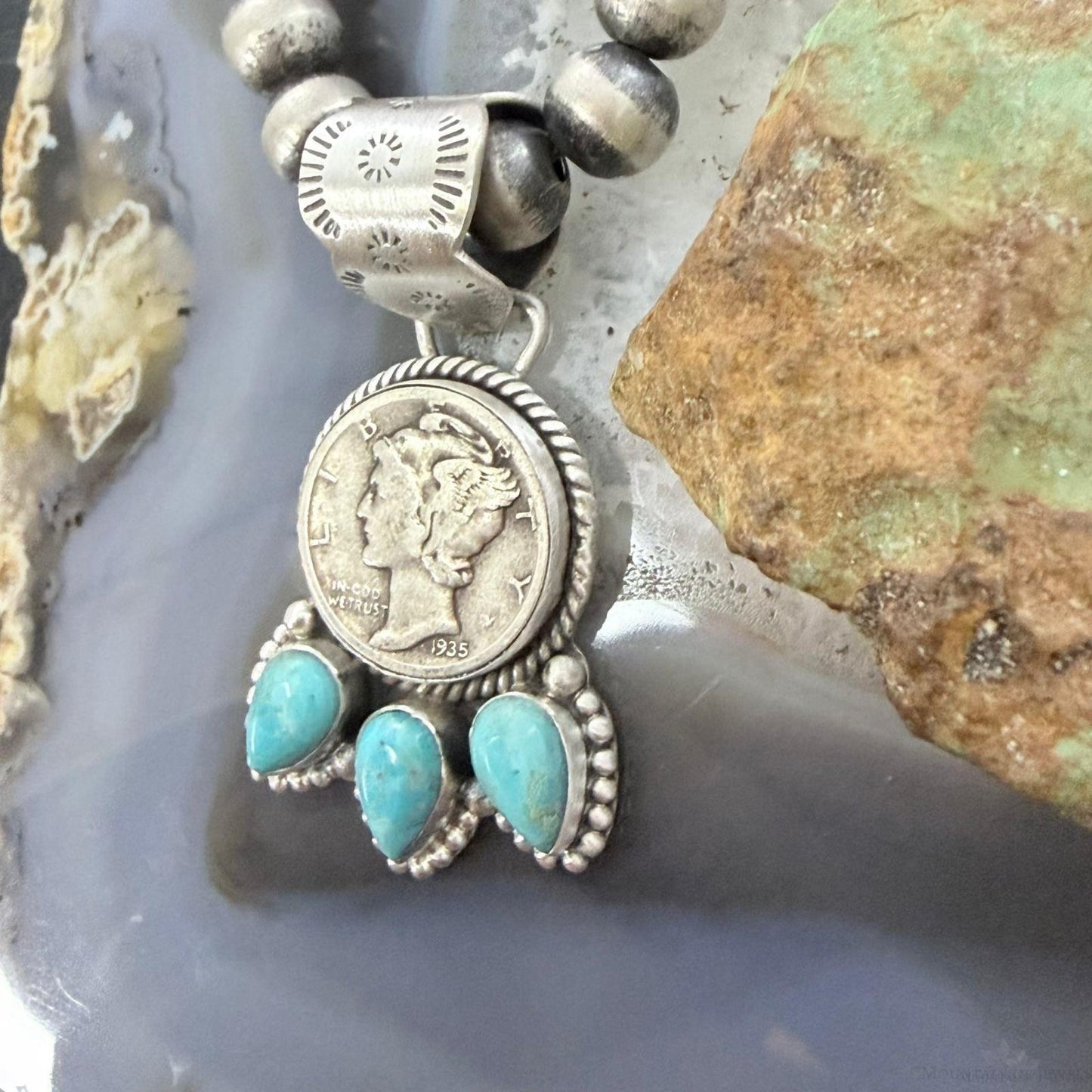 Genuine 1935 Silver 90% Silver Mercury Dime Coin Mohave Turquoise Unisex Sterling Silver Pendant