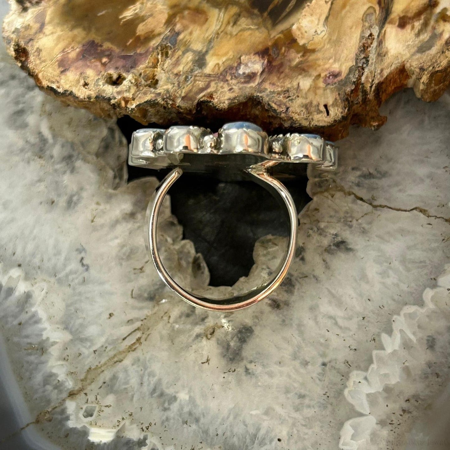 Sterling Silver Southwestern Style Pink Conch & Turquoise Adjustable Cluster Ring For Women