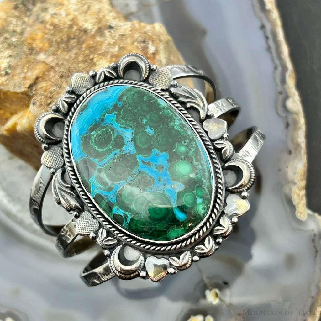 Sterling Silver Southwestern Style Large Oval Azurite Malachite Bracelet For Women