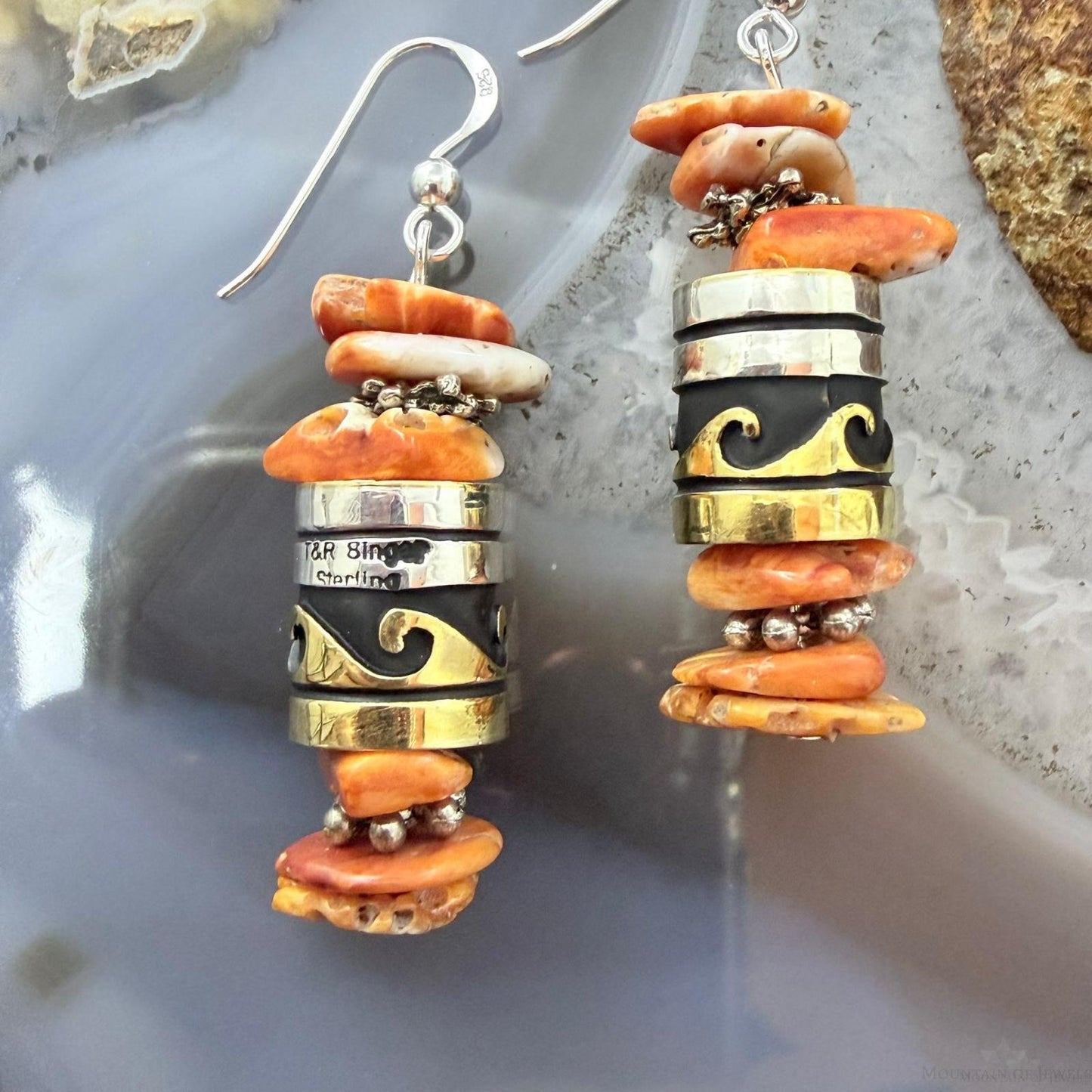 Tommy & Rosita Singer Sterling Silver Orange Spiny Oyster Beads Dangle Earrings For Women