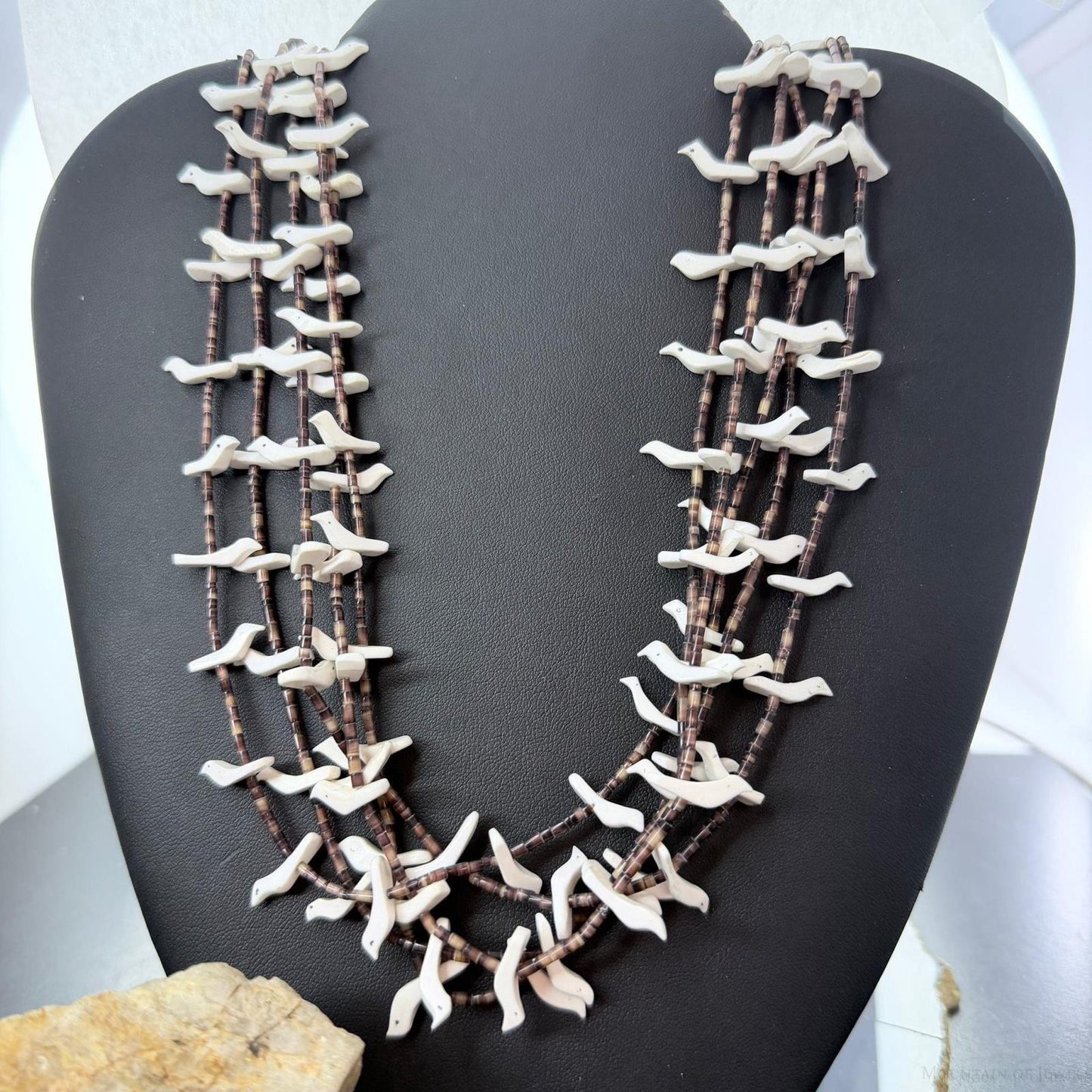 Vintage native American Sterling Silver 5 Strands White Shell Carved Fetish Bird Necklace For Women