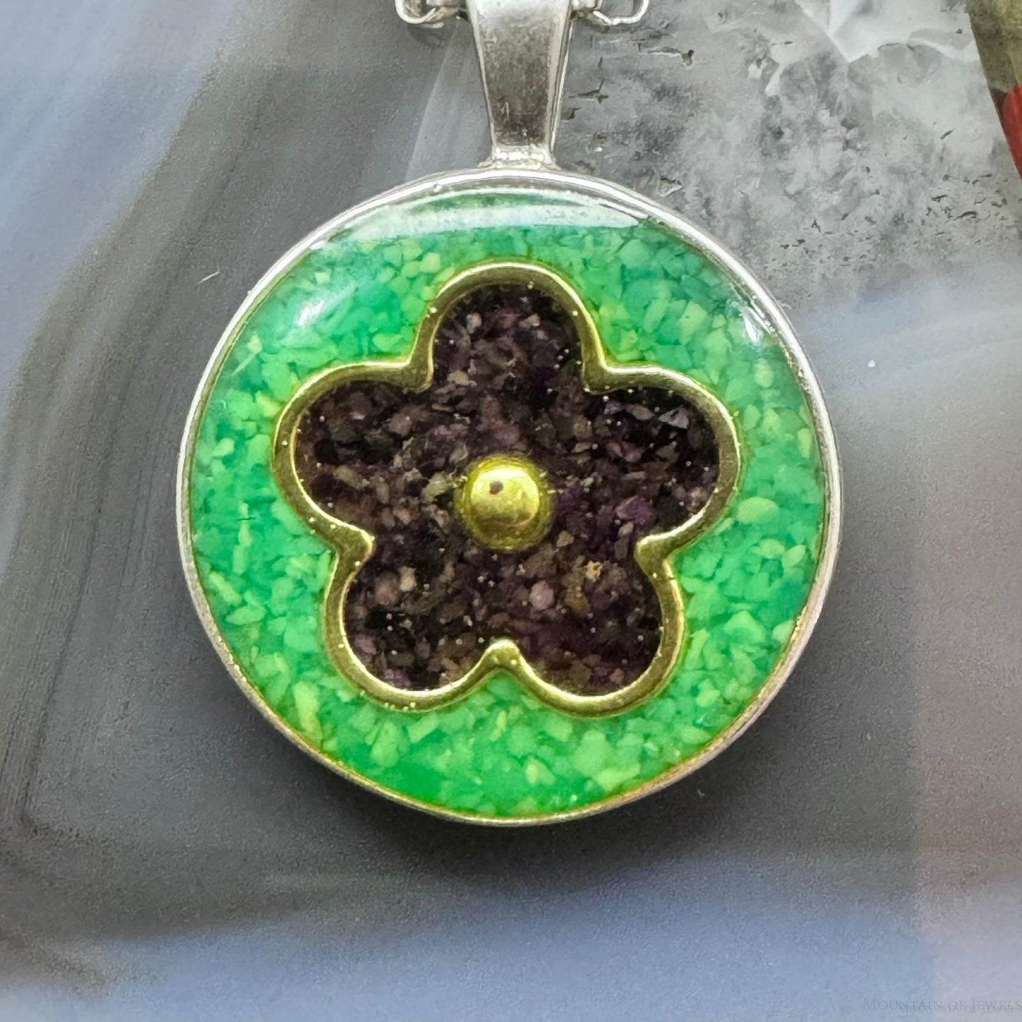 Carolyn Pollack Sterling Silver Green Turquoise & Amethyst Chip Inlay Pendant With Necklace