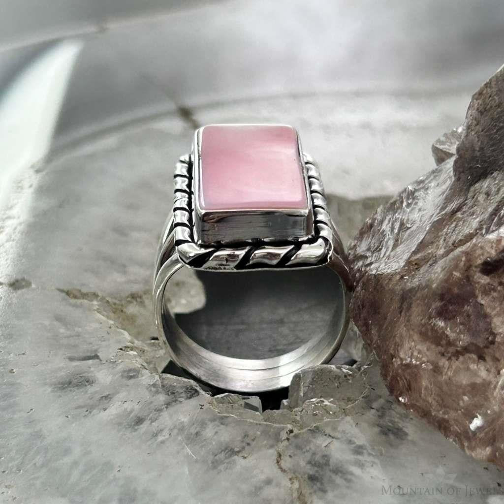 Native American Sterling Silver Rectangle Pink Conch Bar Ring Size 7 For Women