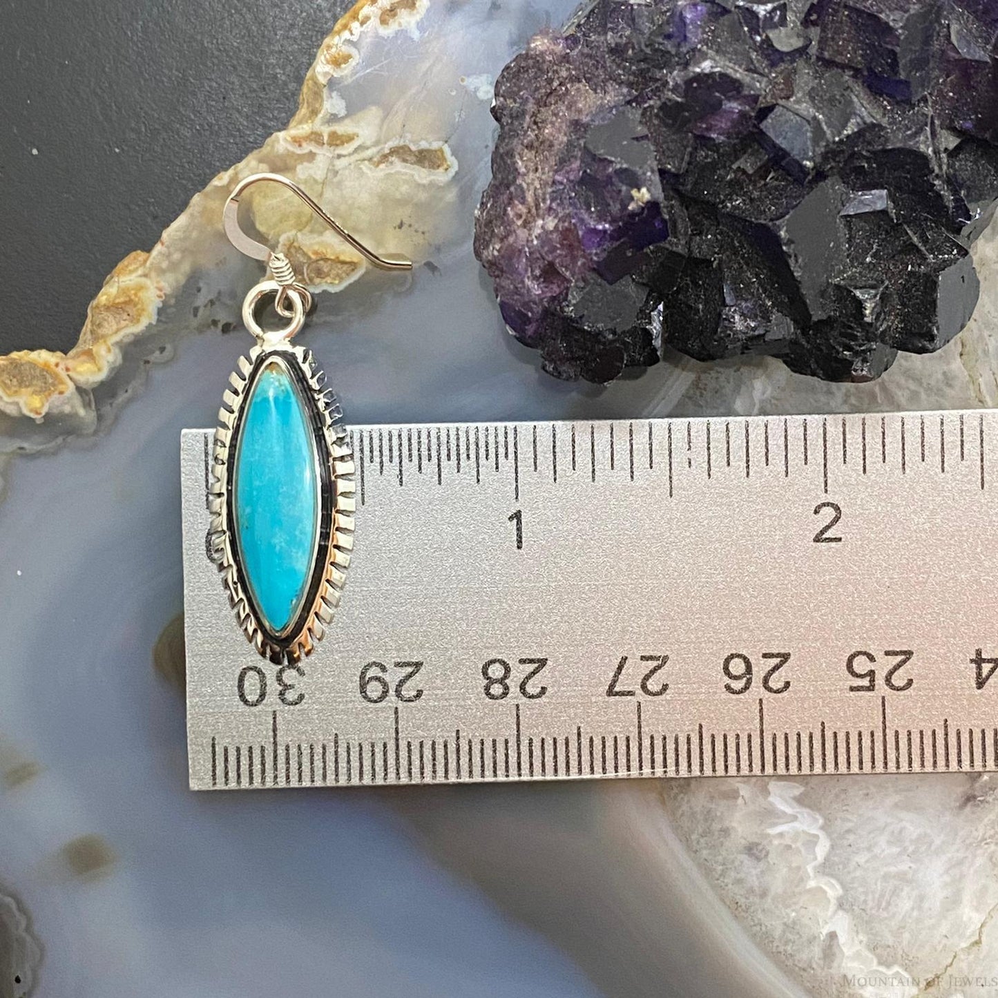 Native American Sterling Silver Marquise Blue Ridge Turquoise Dangle Earrings