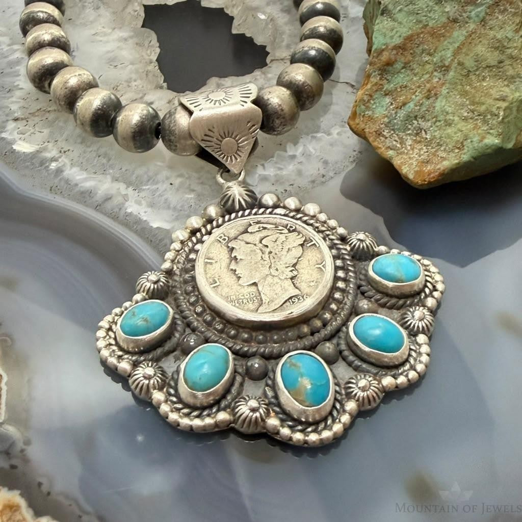 Sterling Silver Southwestern Style 1936 Mercury Dime & Kingman Turquoise Pendant