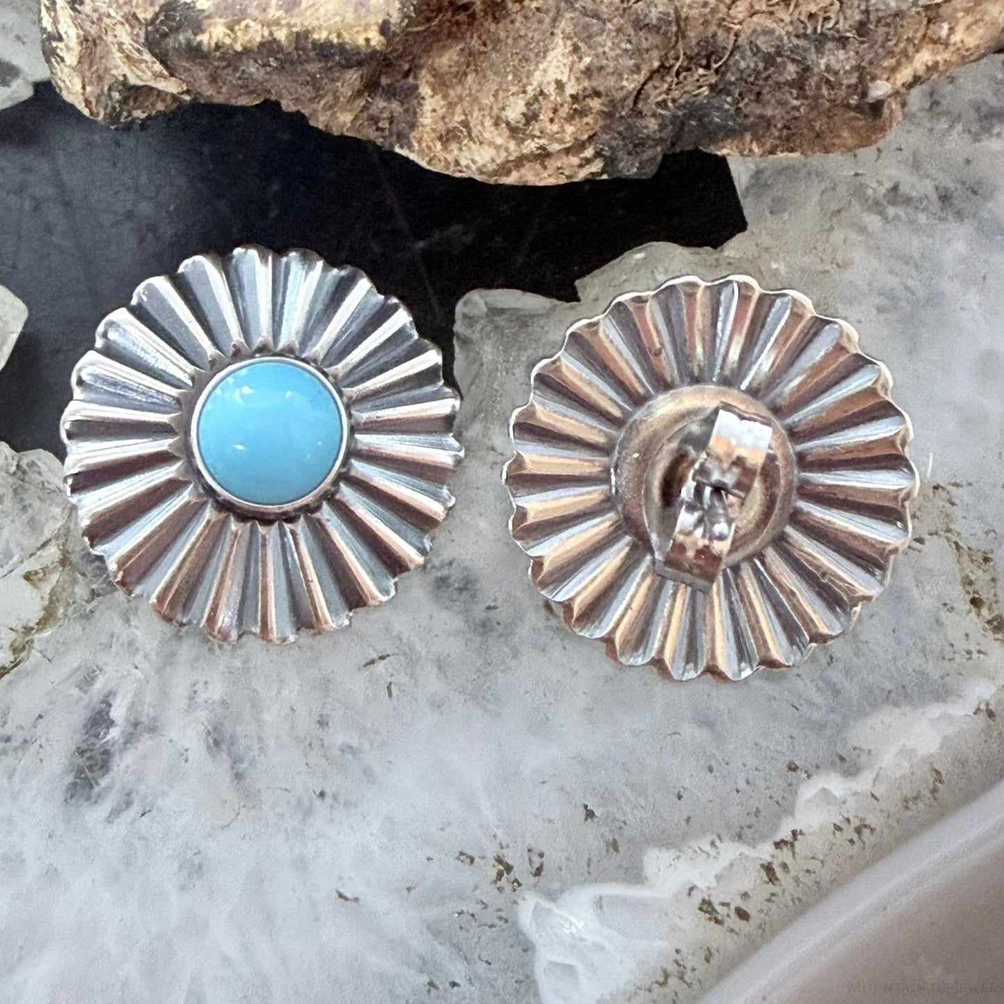 Native American Sterling Silver Sun Rays w/Turquoise Post Earrings For Women