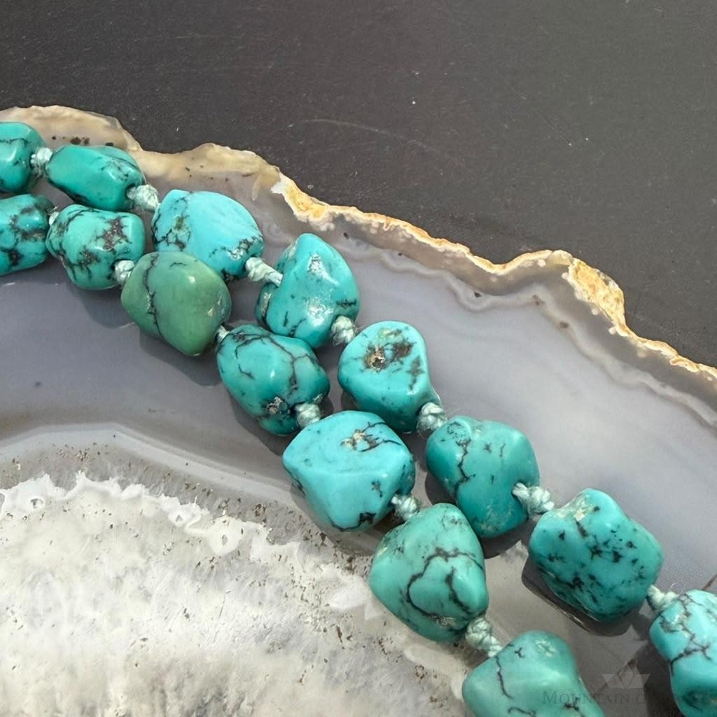 Vintage Silver Native American Graduated Rough Turquoise 18" Necklace For Women