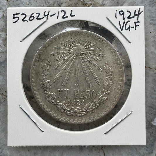 1924 Mexico 1 Pesos 16.66 gr 72% Silver Coin VG-F #52624-12L