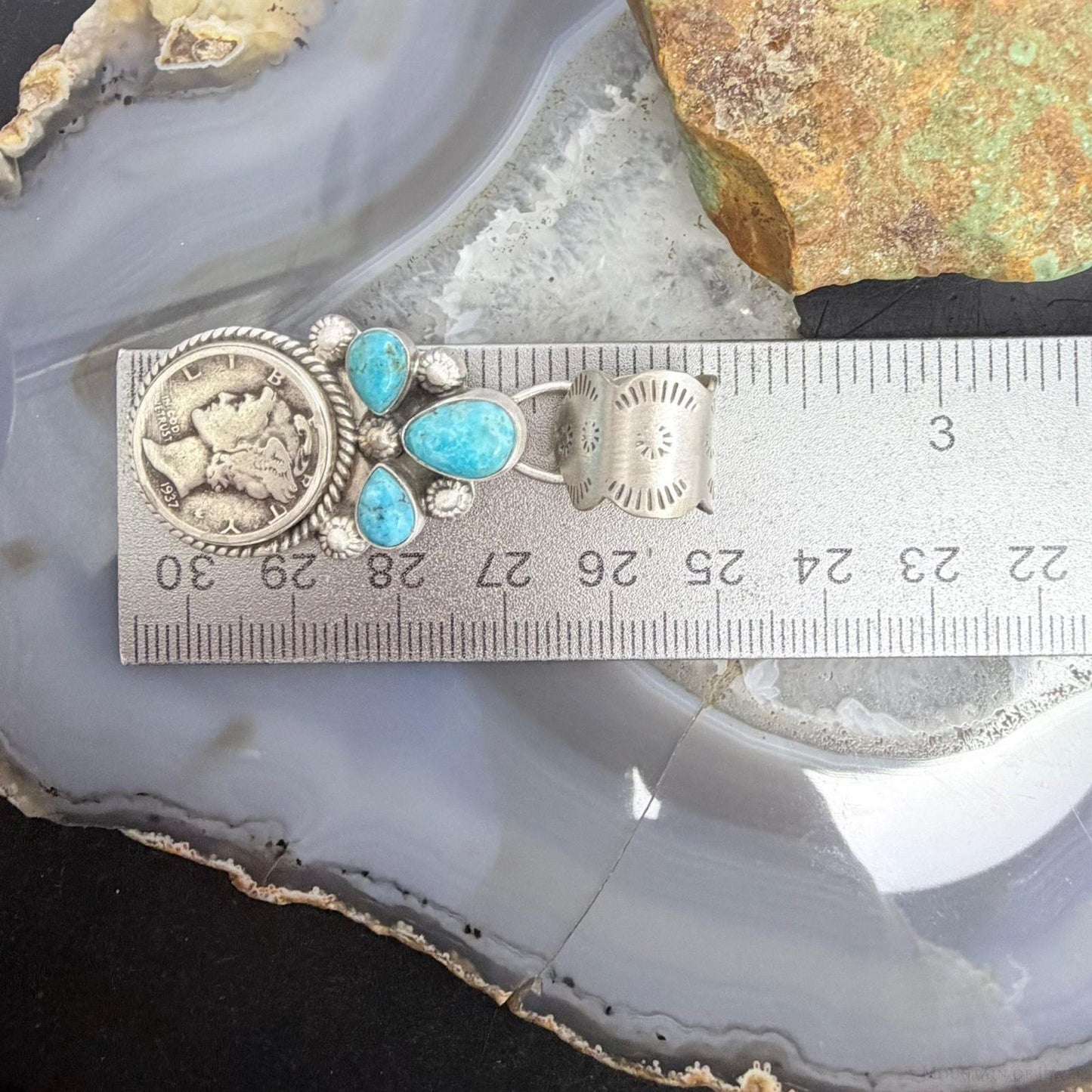 Genuine 1937 90% Silver Mercury Dime Coin Mohave Turquoise Unisex Pendant