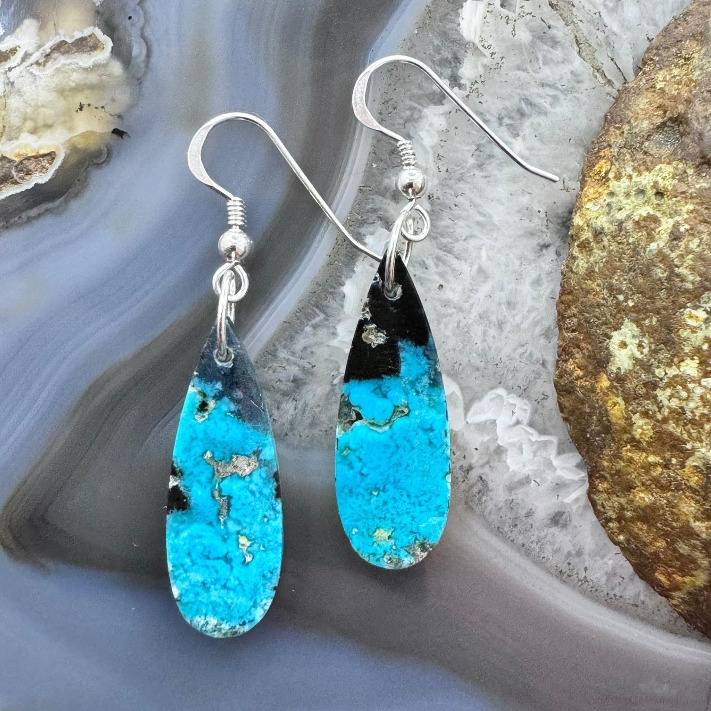 Sterling Silver Elongated Teardrop Chrysocolla Slab Dangle Earrings For Women #224