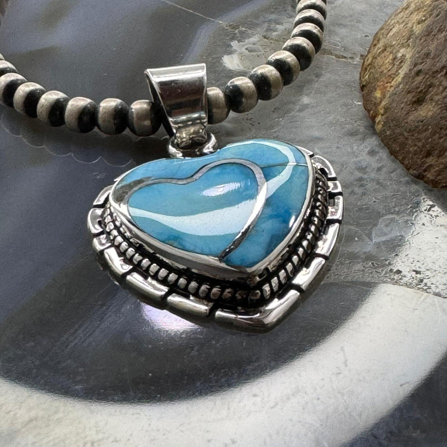 Native American Sterling  Silver Blue Ridge Turquoise Double Heart Pendant For Women