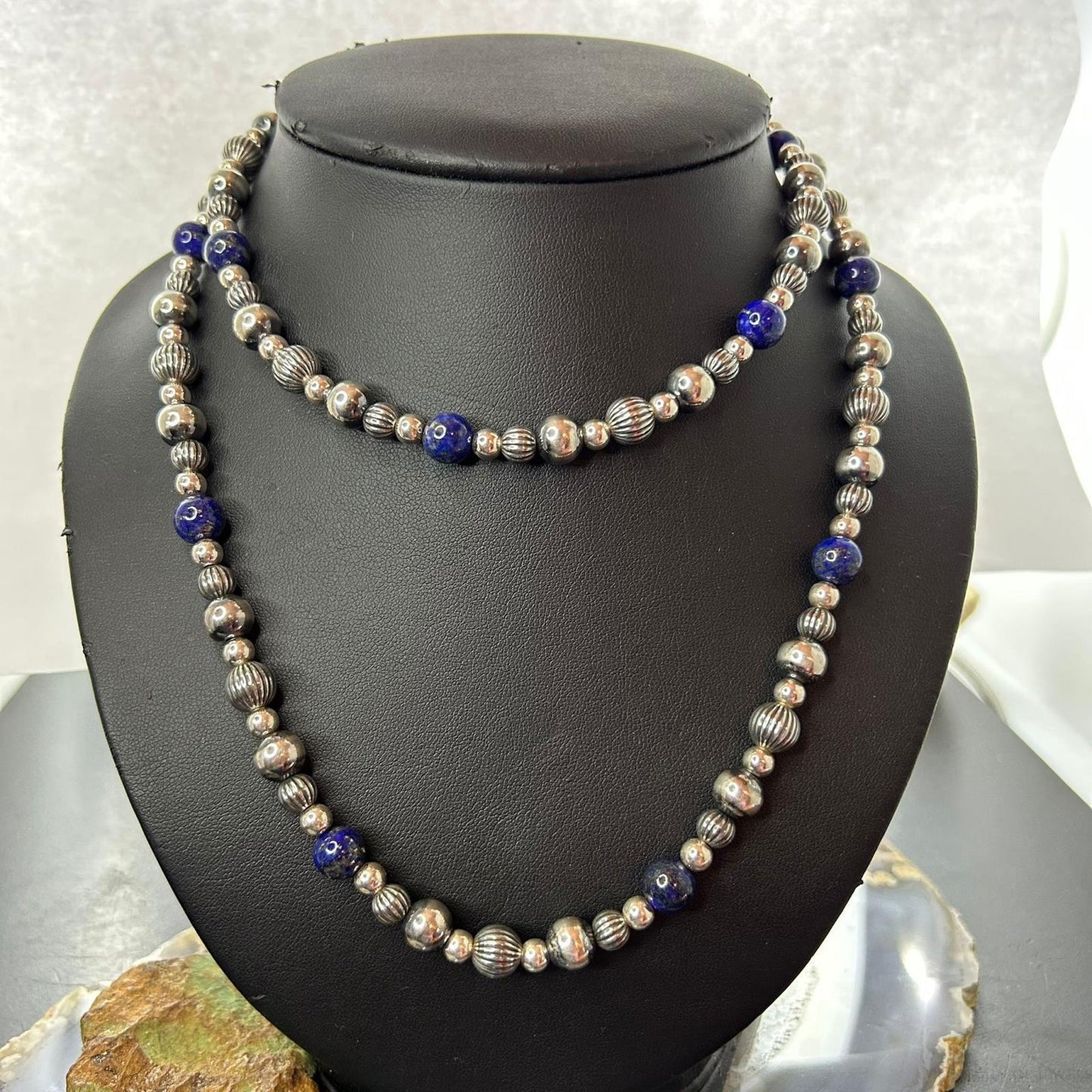 Carolyn Pollack Sterling Silver Decorated 4mm-8mm with Lapis Beads Necklace For Women