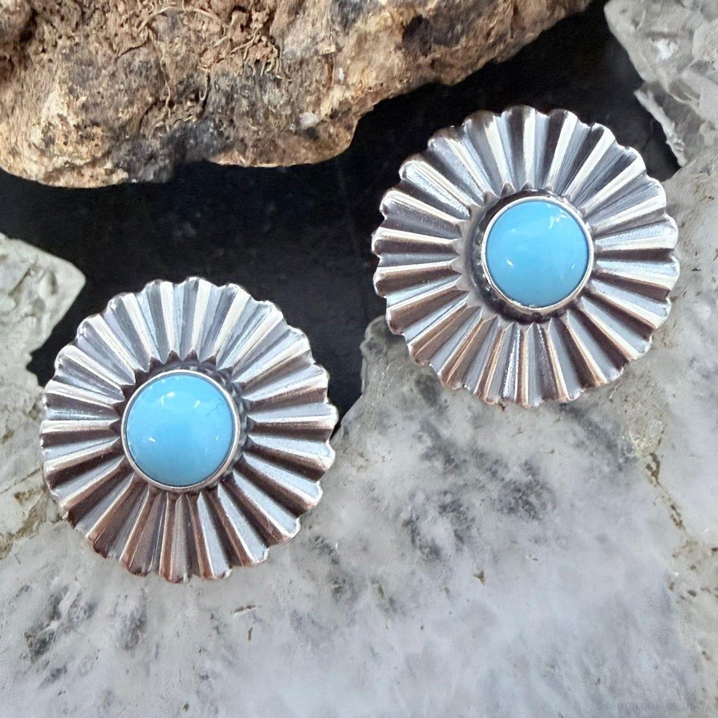 Native American Sterling Silver Sun Rays w/Turquoise Post Earrings For Women