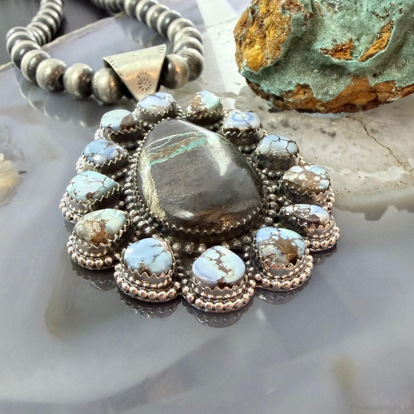 Sterling Silver Southwestern Style Teardrop Blackjack & Golden Hill Turquoise Pendant