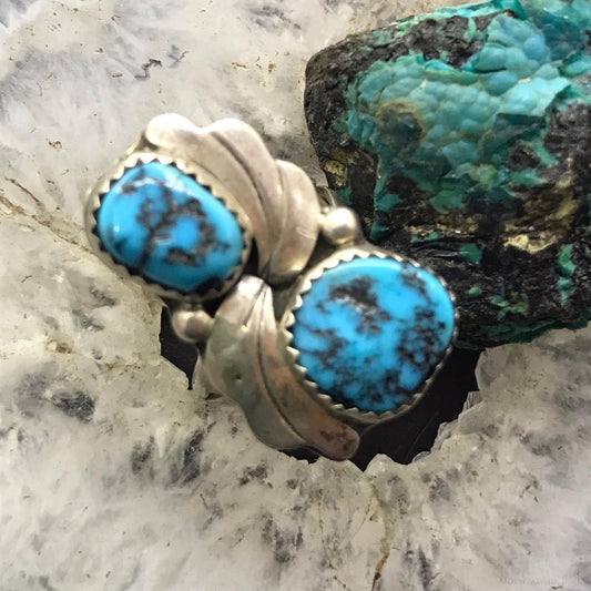 Vintage Native American Silver 2 Turquoise Floral Ring Size 6.5 For Women