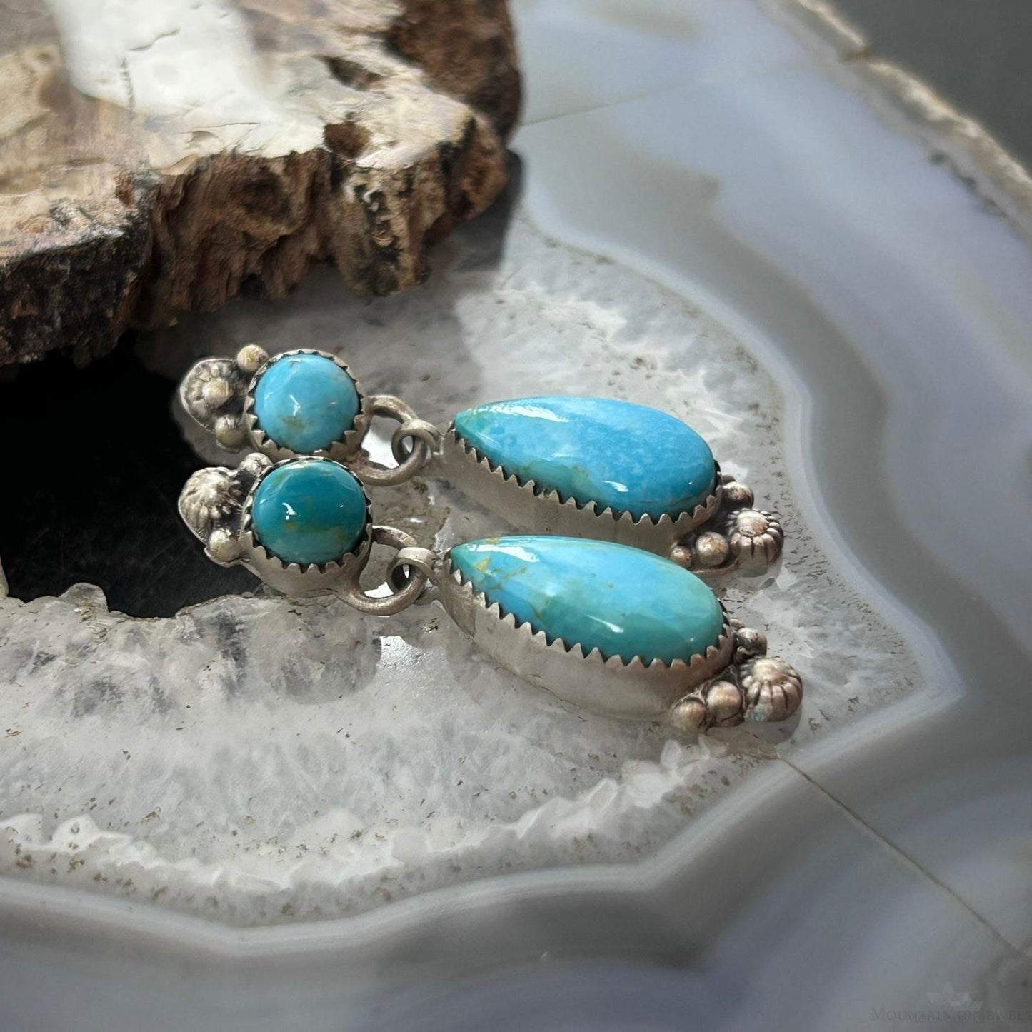 Sterling Silver Southwestern Style Teardrop & Rounded Turquoise Post Dangle Earrings For Women
