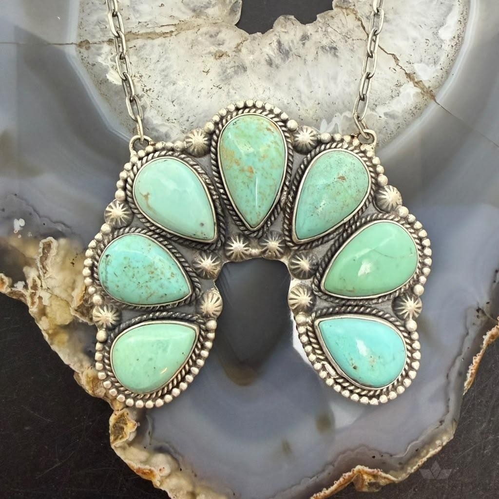Sterling Silver Southwestern Style 7 Teardrop Royston Turquoise Naja Necklace For Women