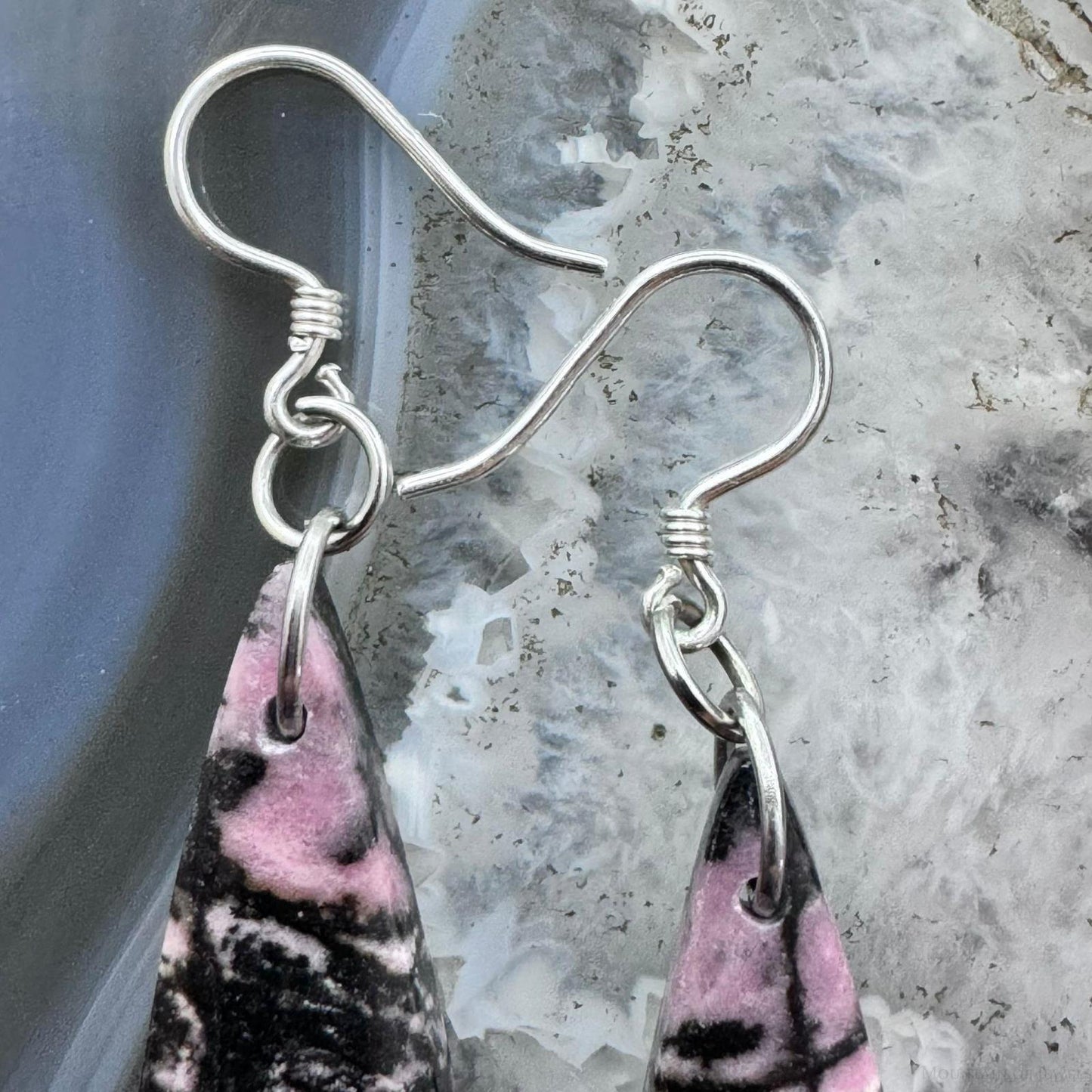 Sterling Silver Elongated Teardrop Rhodonite Slab Dangle Earrings For Women #233