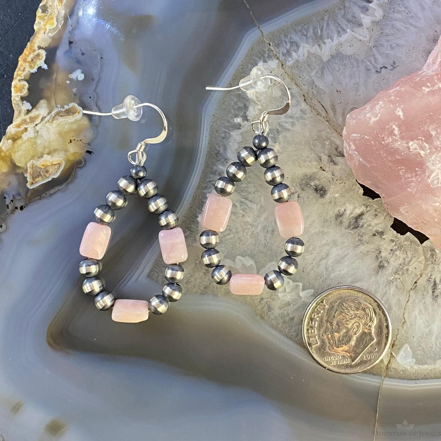 Navajo Pearl Beads & Peruvian Opal 4mm Sterling Silver Hoop Dangle Earrings