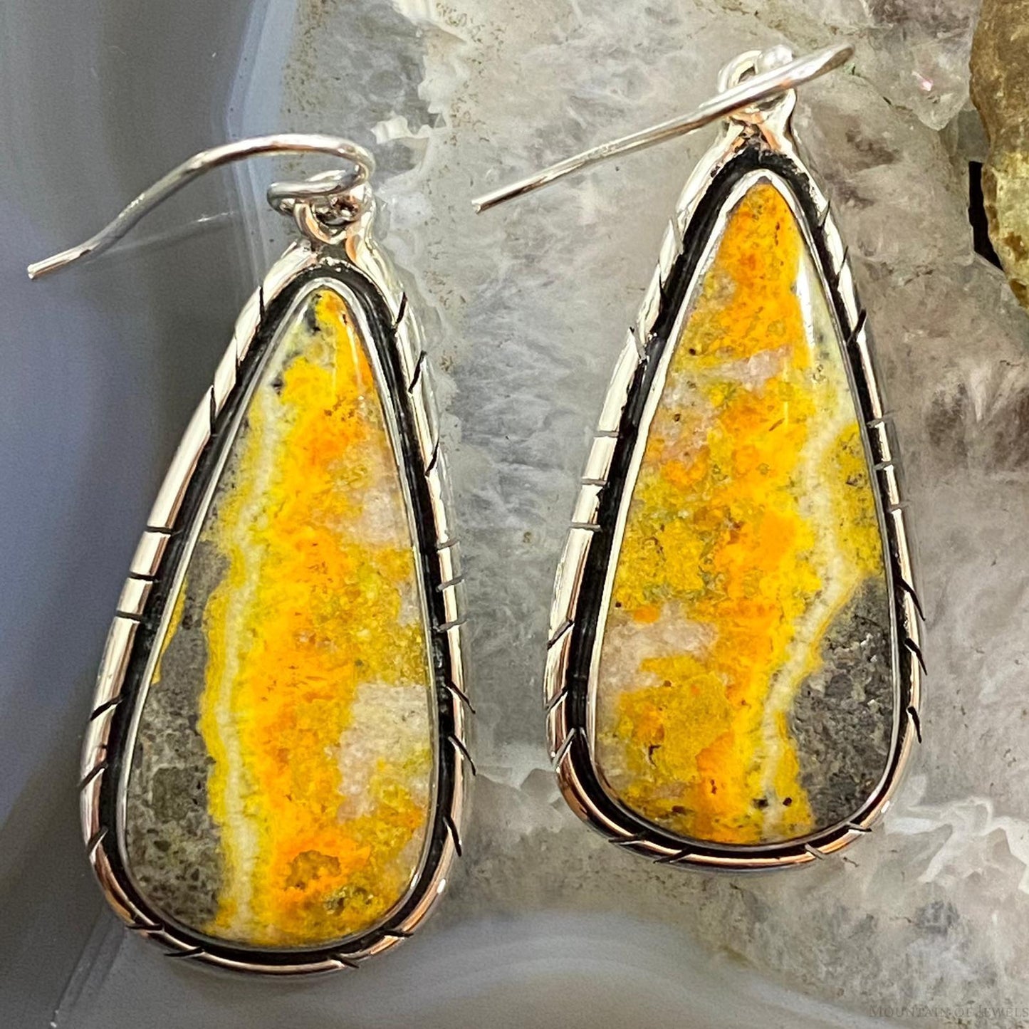 Native American Sterling Teardrop Bumblebee Jasper Dangle Earrings For Women