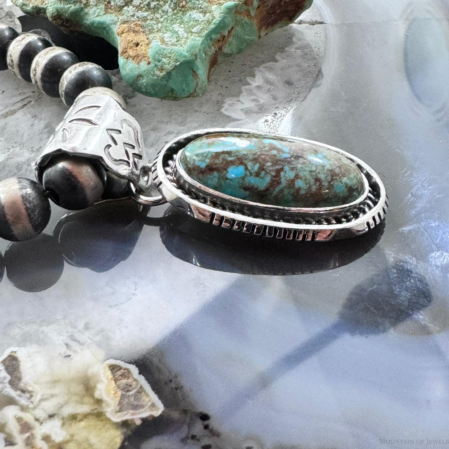 Native American Sterling Silver Elongated Oval Turquoise Unisex Pendant #1