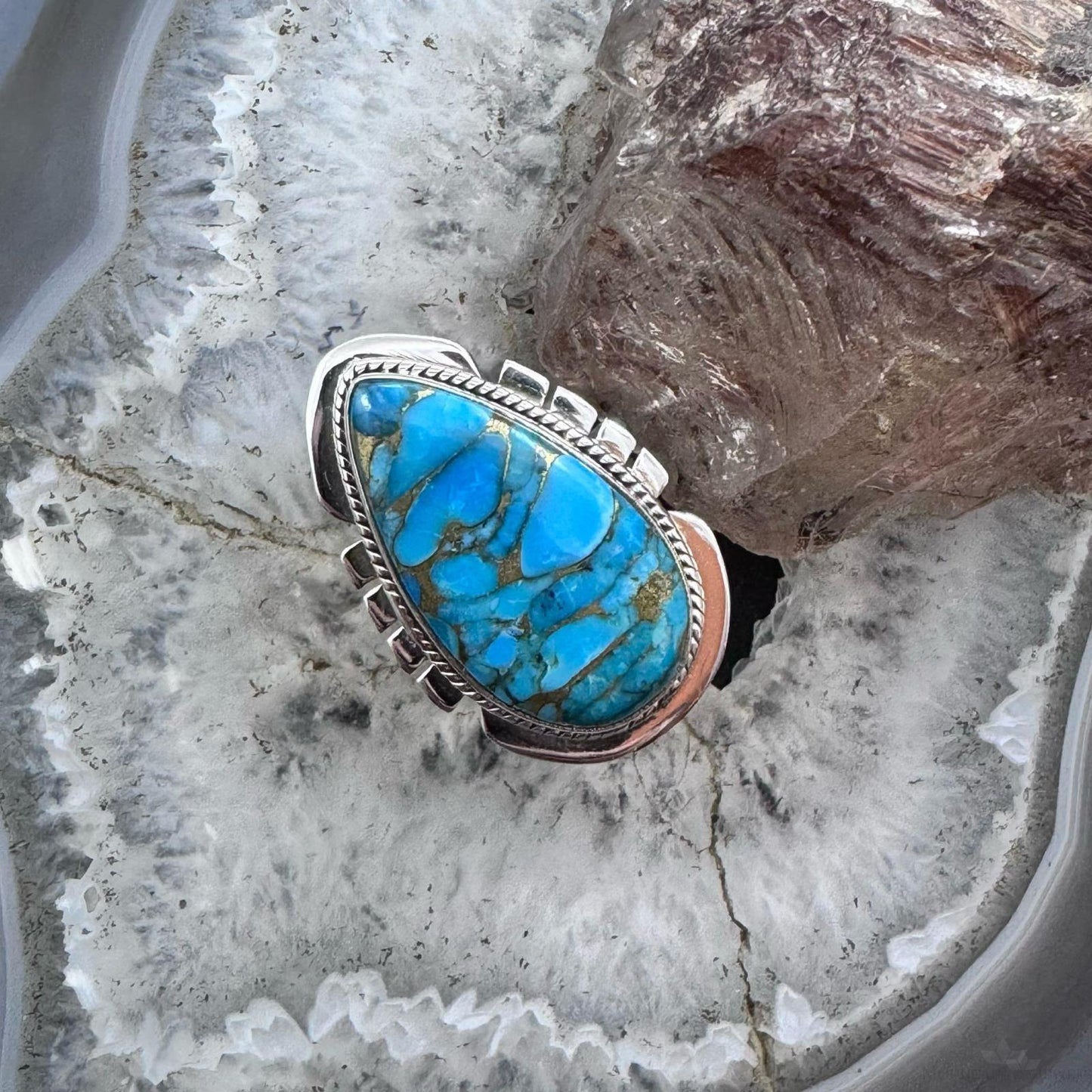 Sterling Southwestern Style Teardrop Cooper Turquoise Size 8.5 Ring For Women