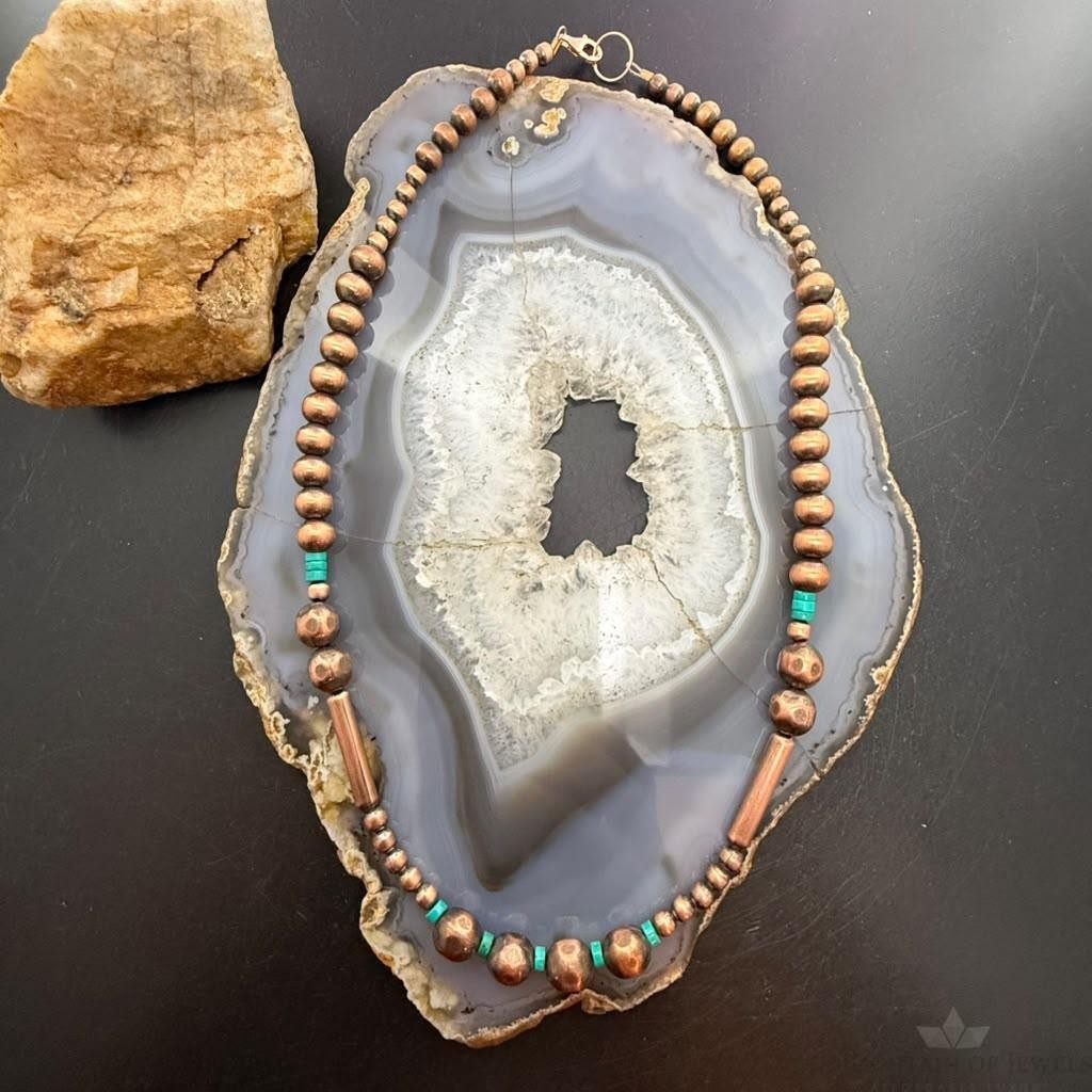 Southwestern Style .5-9mm Copper Navajo Pearl Round & Cylinder w/Sonoran Turquoise For Women #2 0" Necklace