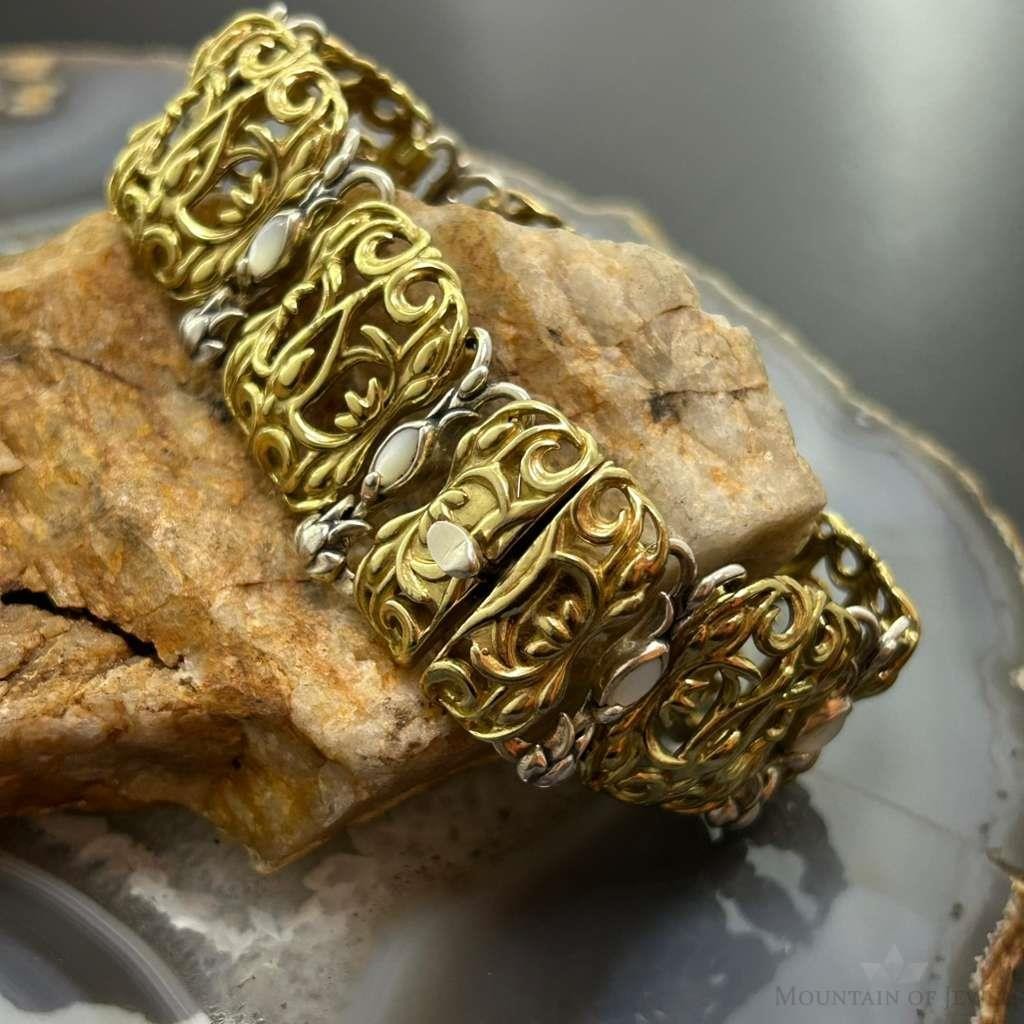 Carolyn Pollack Vintage Brass 8 Marquise MOP Hidden Clasp Bracelet For Women