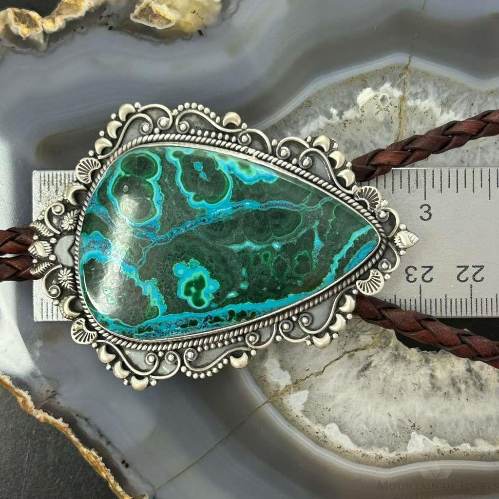 Sterling Silver Southwestern Style Large Azurite Malachite Decorated Bolo Tie For Men