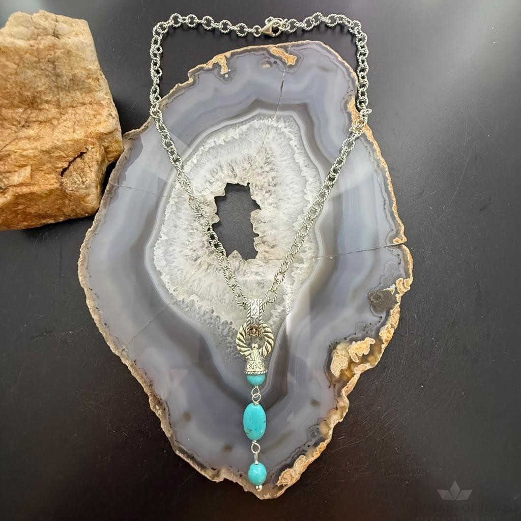 Carolyn Pollack Sterling Silver Turquoise Pendant on Rope Link Chain Necklace For Women
