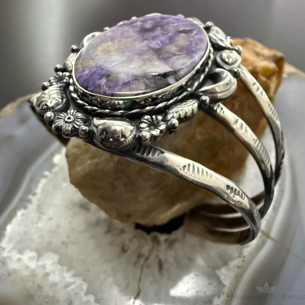 Sterling Silver Southwestern Style Oval Charoite Decorated Bracelet For Women