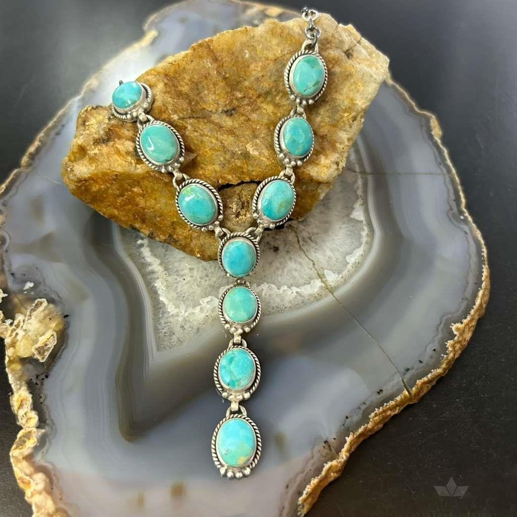 Sterling Silver Southwestern Style Oval Mohave Turquoise Lariat 18" Necklace For Women
