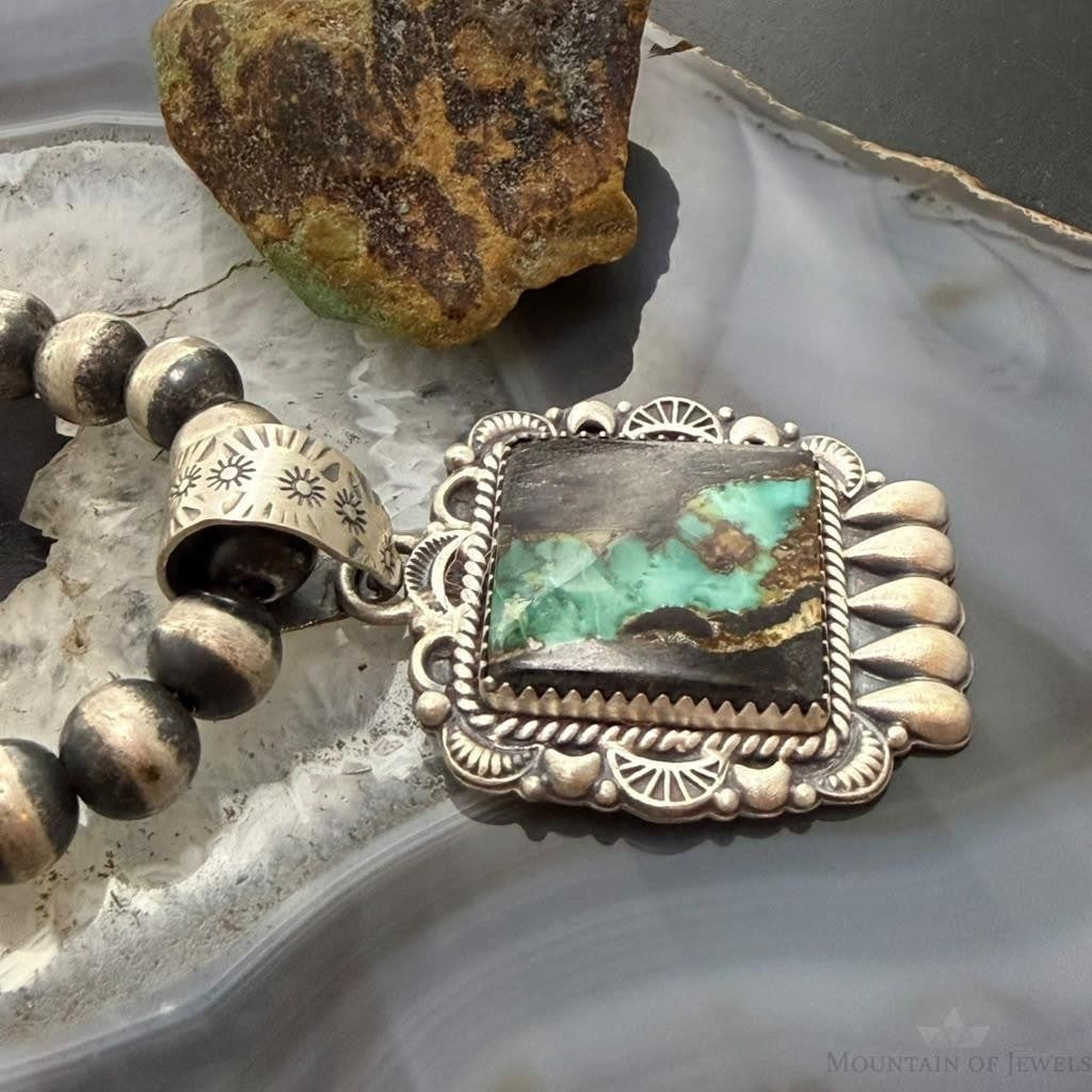 Sterling Silver Southwestern Style Square Blackjack Turquoise Decorated Pendant