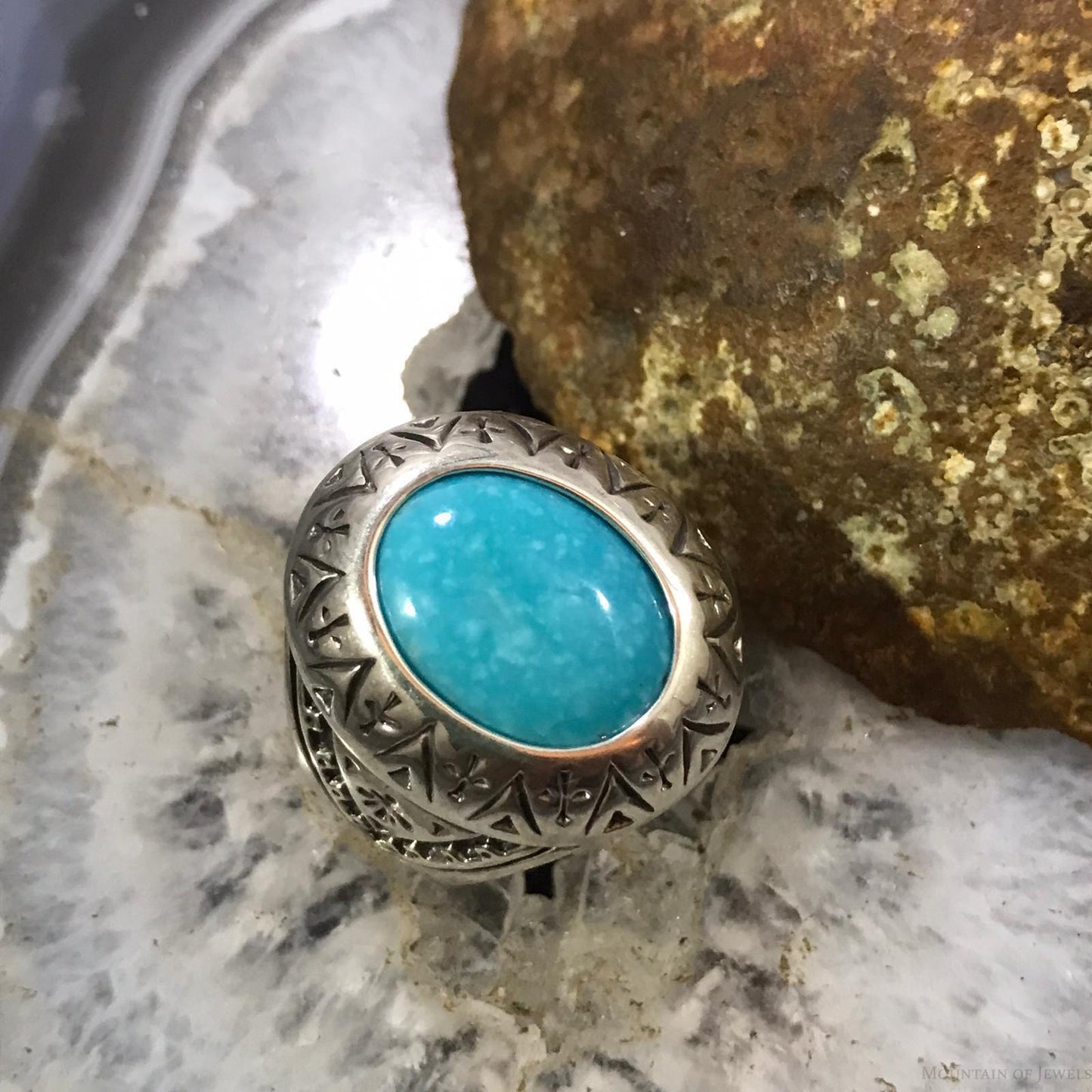 Carolyn Pollack Sterling  Silver Oval Turquoise Decorated Shield Ring Size 9.5 For Women