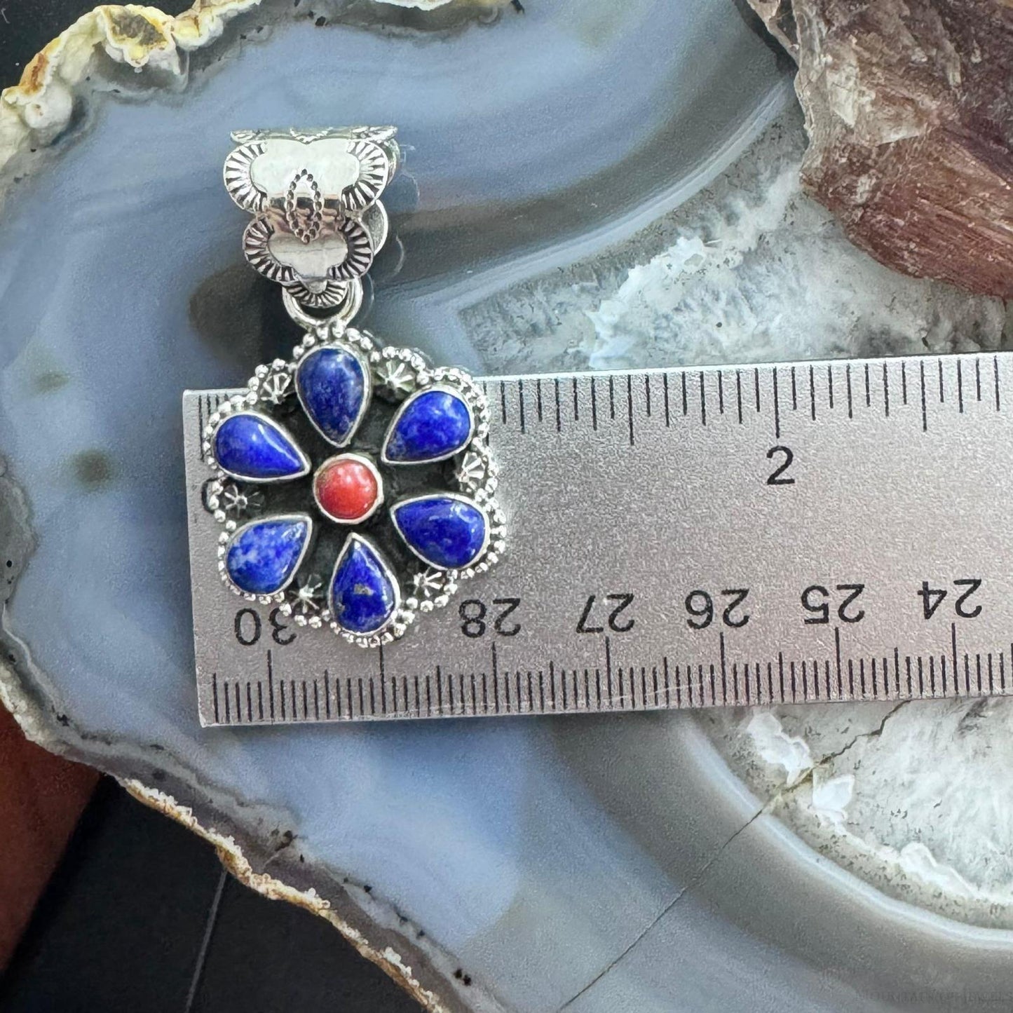 Native American Sterling Silver Lapis & Coral Flower Decorated Pendant For Women