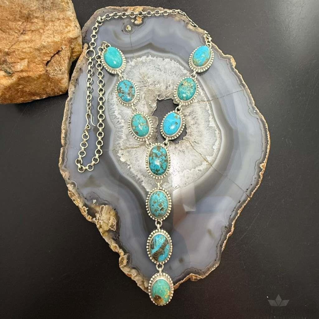 Sterling Silver Southwestern Style Oval Kingman Turquoise Lariat 28" Necklace For Women