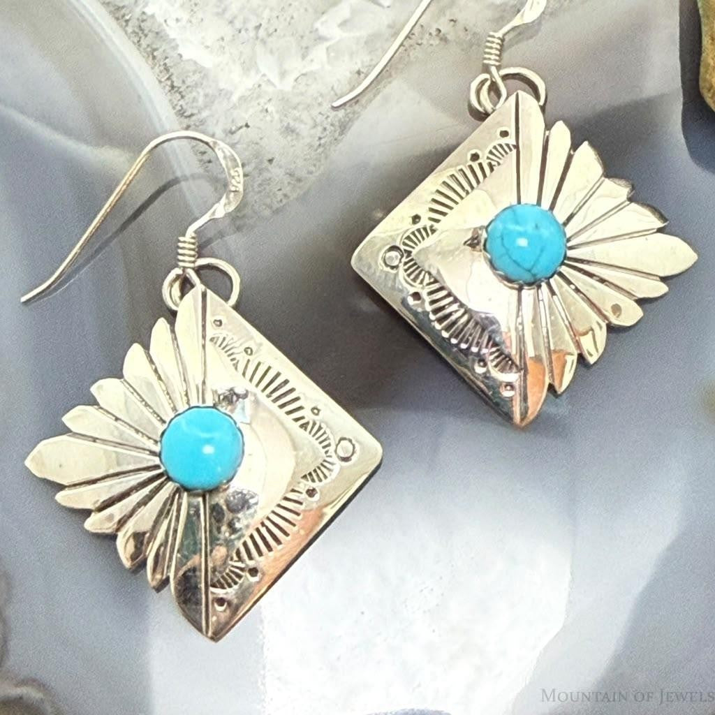 Michael Nez Sterling Silver Turquoise Pueblo Life Dangle Earrings For Women