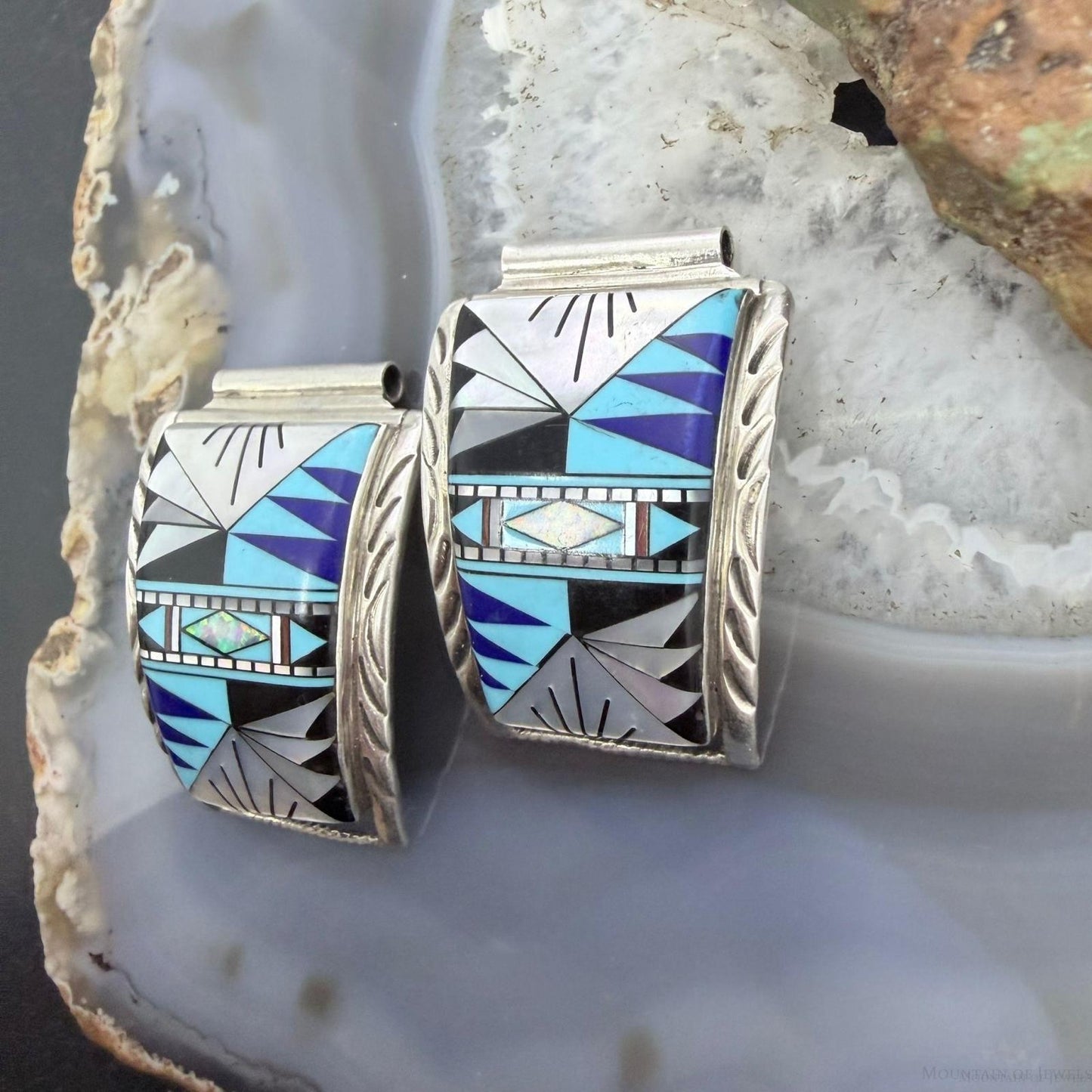 Native American Vintage Sterling Silver Multi Gemstone Inaly Watch Band Tips