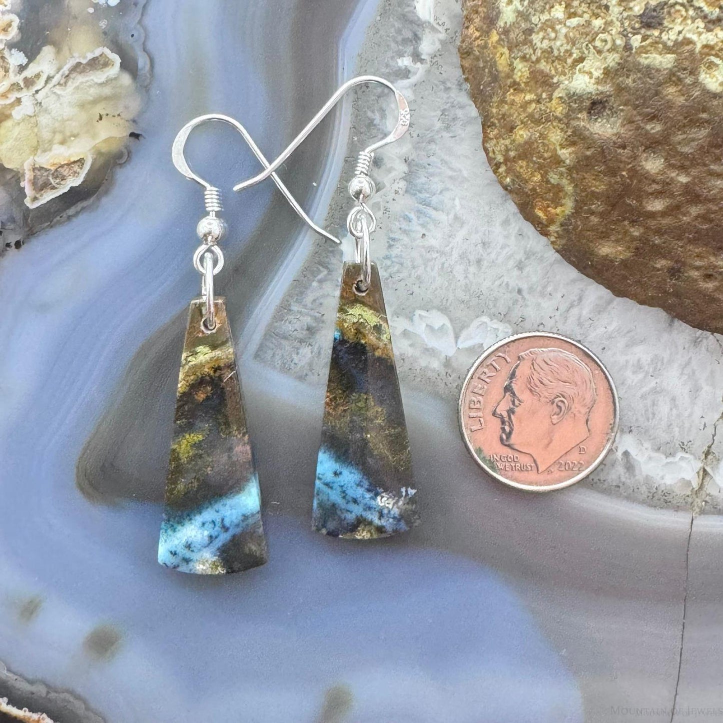 Sterling Silver Elongated Triangle Chrysocolla Slab Dangle Earrings For Women #225