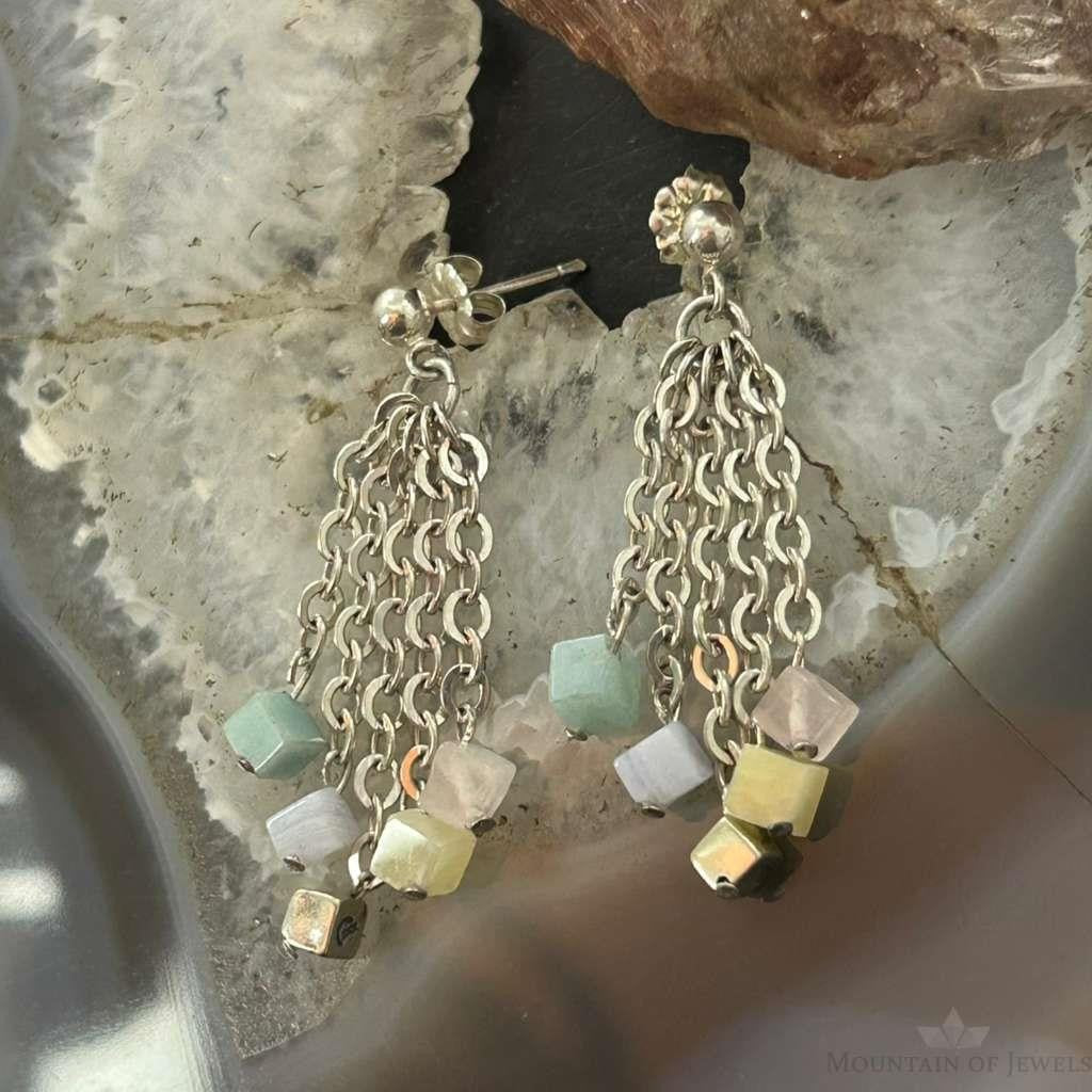Carolyn Pollack Sterling Silver Tiny Multi Stone Cube Bead Chandelier Earrings For Women