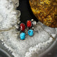 Native American Silver Turquoise & Coral Leaf Decorated Stud Earrings For Women