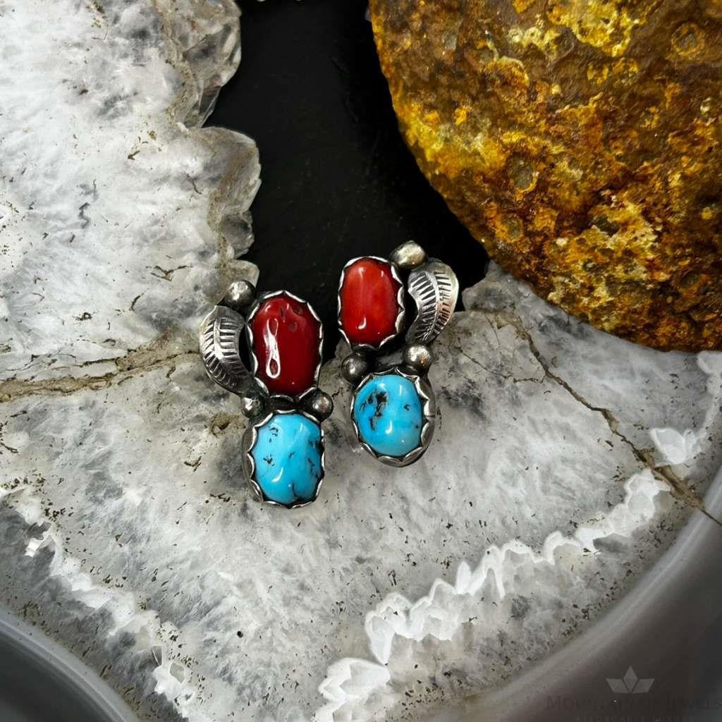 Native American Silver Turquoise & Coral Leaf Decorated Stud Earrings For Women