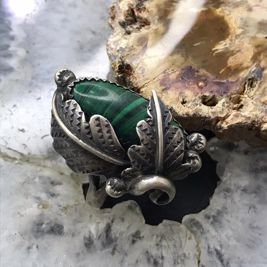 Vintage Native American Silver Oval Malachite Floral Ring Size 7 For Women