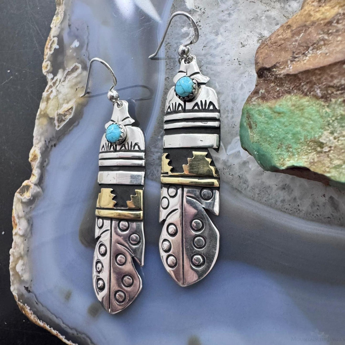 Tommy & Rosita Singer Sterling Silver & Gold Filled Turquoise Feather Dangle Earrings For Women