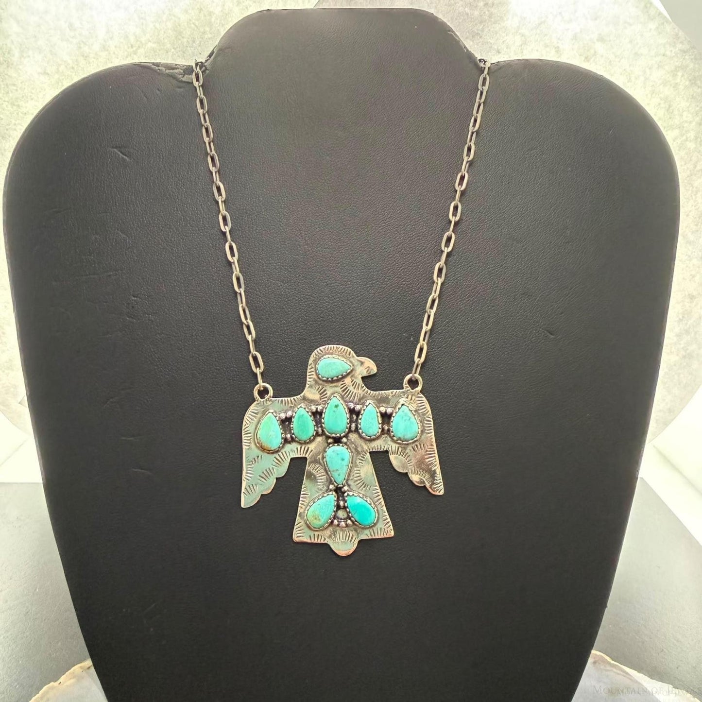 Sterling Southwestern Style Kingman Turquoise Thunderbird Pendant Necklace #4