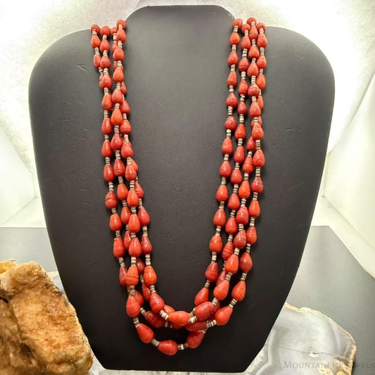 Vintage Native American 4 Strands Coral & Heishi Shell 28" Necklace For Women