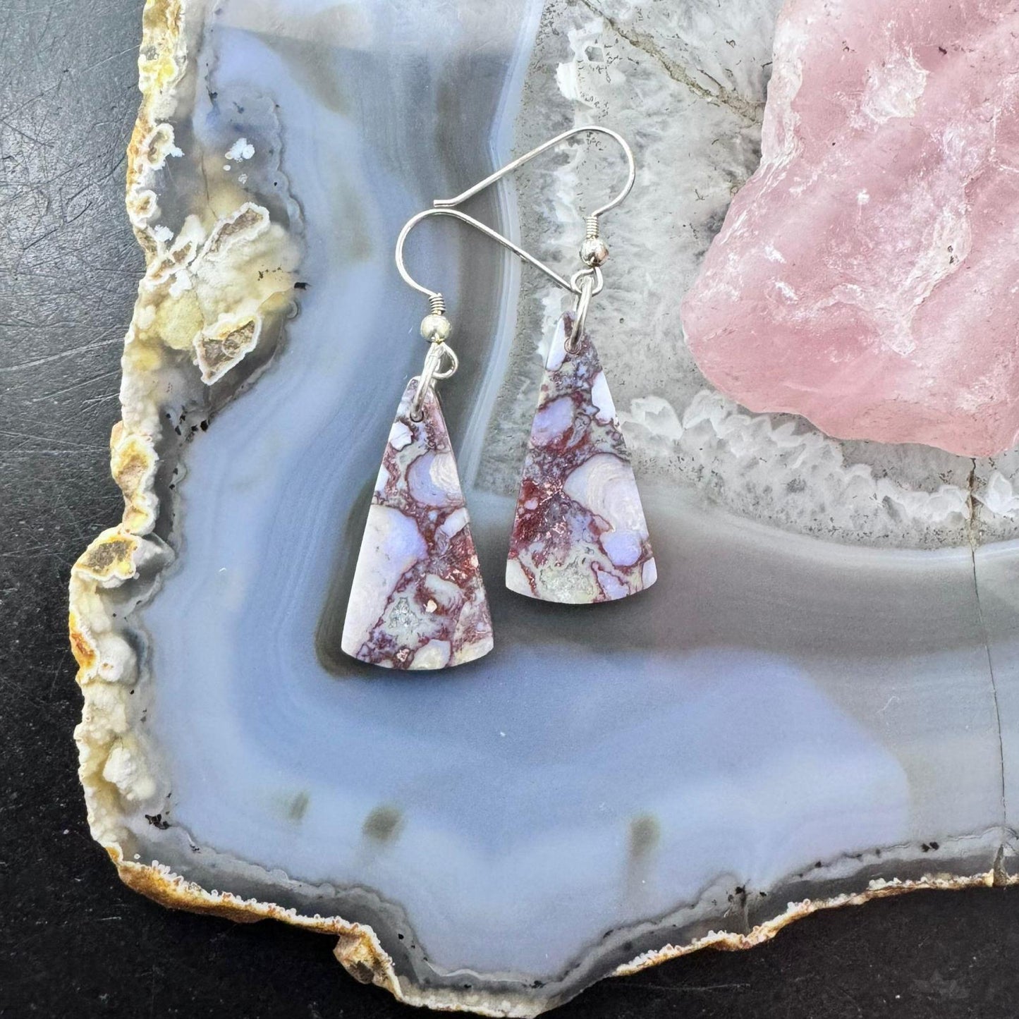 Sterling Silver Triangle Saganite Agate Slab Dangle Earrings For Women #120